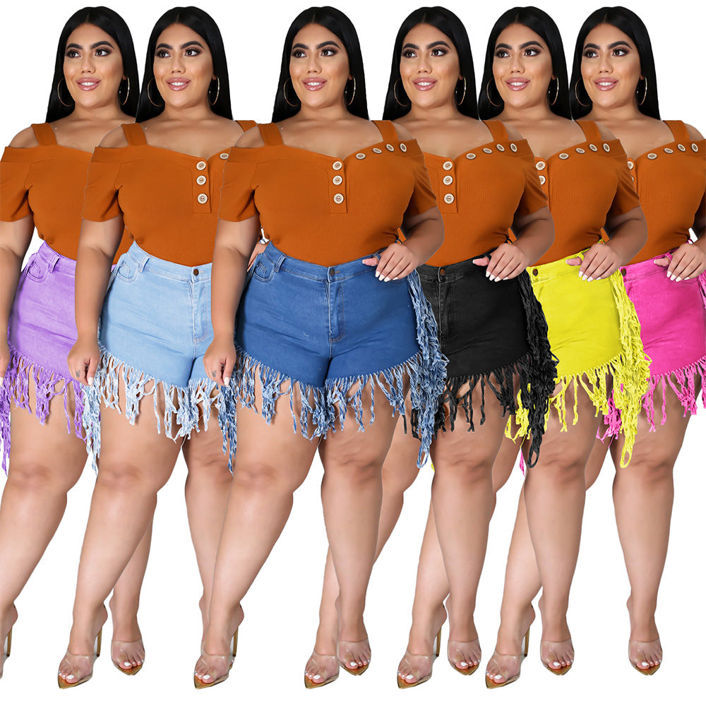 Plus Size Ripped Fringed Denim Shorts for Women
