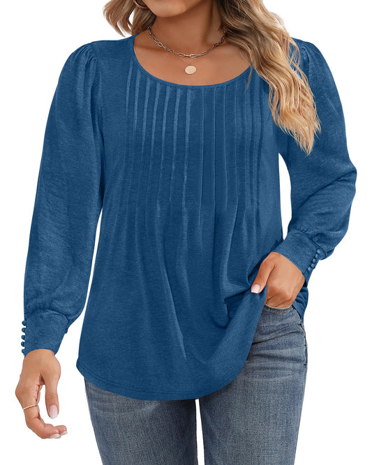 Ficerd Womens Plus Size Puff Long Sleeve Tops Pleated Crew Neck Tunic Shirts Dressy Loose Blouses T-Shirts 1X-5X(XXLBlue)