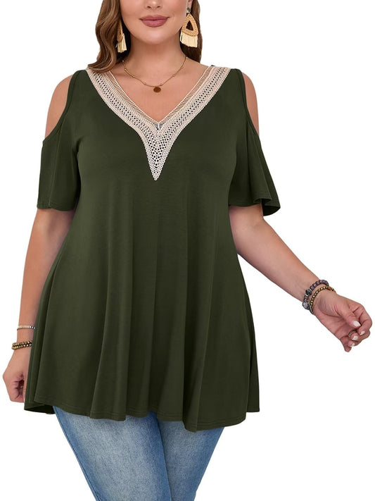 LARACE Cold Shoulder Tops for Women Plus Size Summer Tops V Neck Short Sleeve Lace Tunic Tops (ArmyGreen 1X)