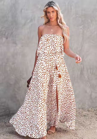 Leopard Floral Off-Shoulder Ruffled Slit Dress