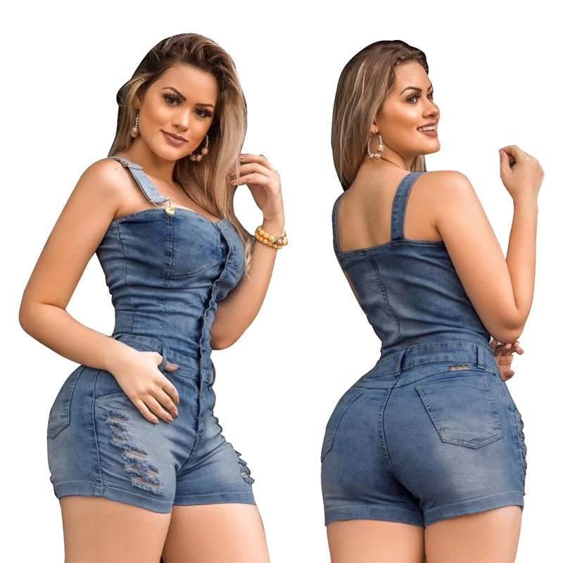 Plus Size Cotton Jeans Short Romper for Women