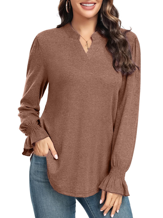 lionstill Womens Plus Size Long Sleeve Tunics Casual V-Neck Top Fashion Loose Shirt Brown 2XL
