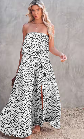 Leopard Floral Off-Shoulder Ruffled Slit Dress