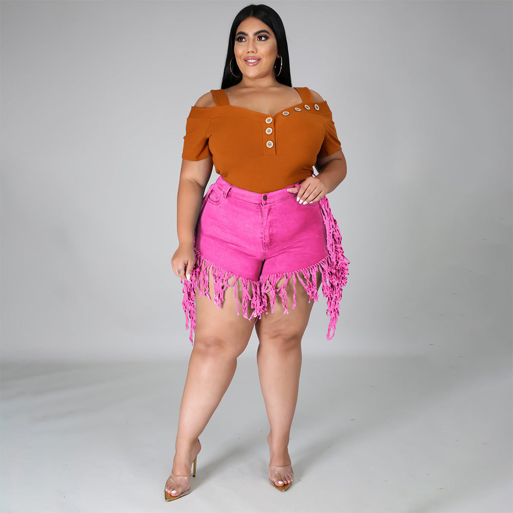 Plus Size Ripped Fringed Denim Shorts for Women