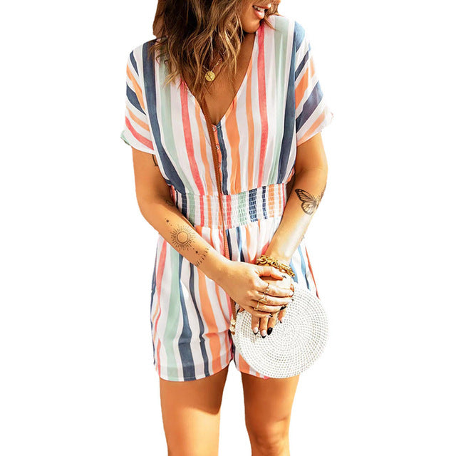 Striped V-neck Button Jumpsuit for Plus Size Women