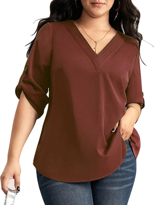 3/4 Cuffed Sleeve Dressy Tunic Tops V Neck Casual Loose Blouse Pleated Shirts