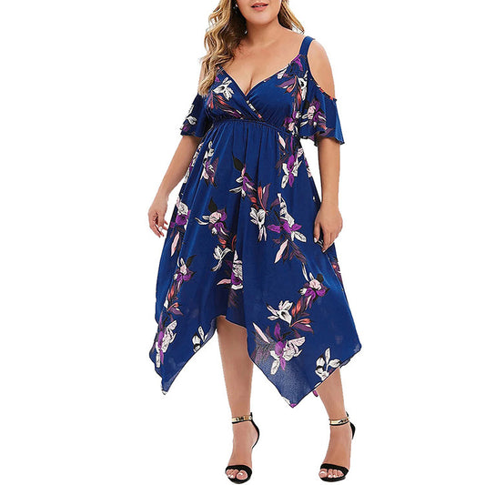 Women's Floral Print Open Shoulder Midi Dress Plus Size
