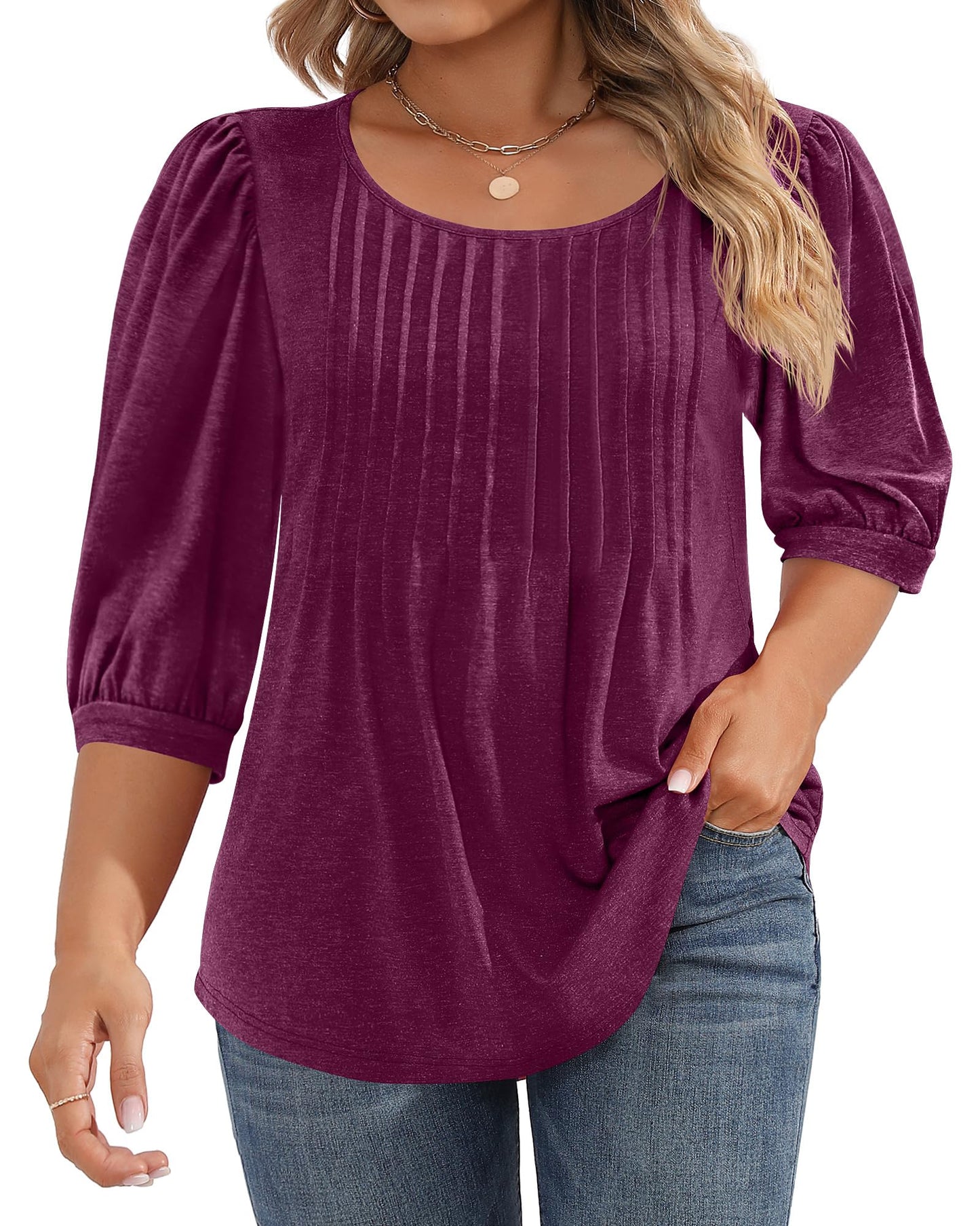 Ficerd Womens Plus Size Tunic Tops 3/4 Puff Sleeve Shirts Crew Neck Blouses Curved Hemline Pleated Design XL-5XL(5XLFuchsia)