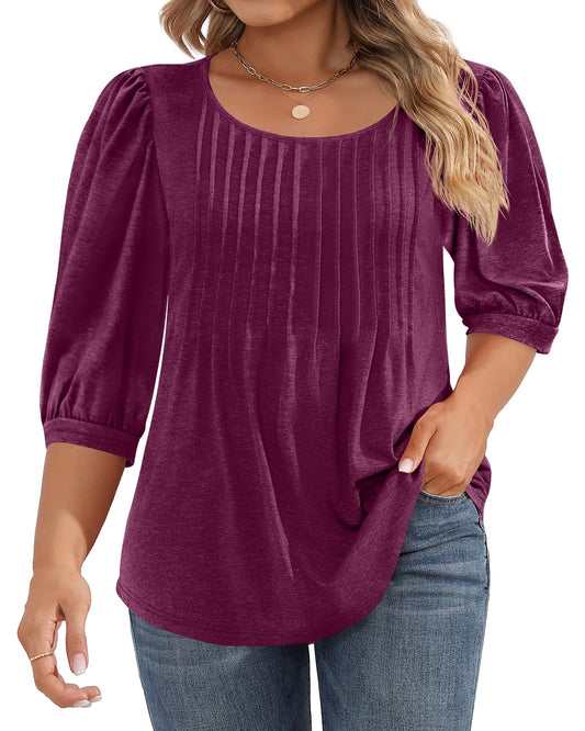 Ficerd Womens Plus Size Tunic Tops 3/4 Puff Sleeve Shirts Crew Neck Blouses Curved Hemline Pleated Design XL-5XL(5XLFuchsia)
