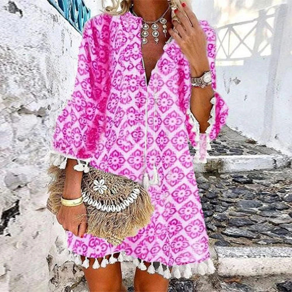 Plus Size Women’s V Neck Lace Up Tassel Dress