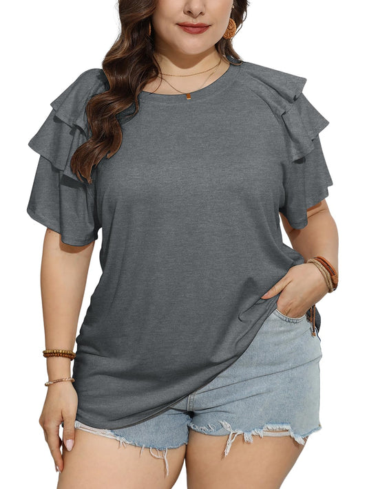 TAKEYAL Tops Ruffle Short Sleeve Crew Neck Solid T Shirts Casual Blouses