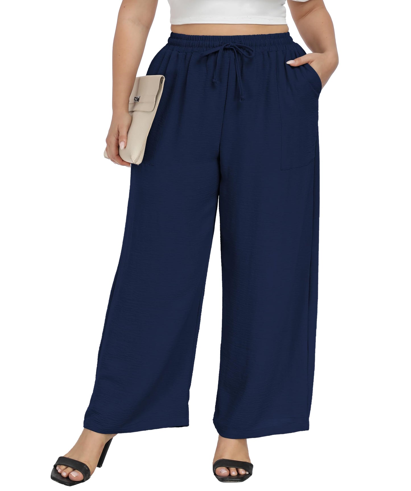 Cheapestbuy Womens Plus Size Wide Leg Pants High Waisted Casual Lounge Pants Loose Palazzo Trousers with Pockets Navy Blue