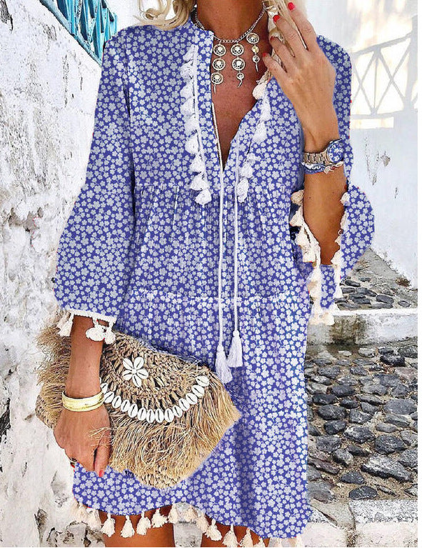 Plus Size Women’s V Neck Lace Up Tassel Dress