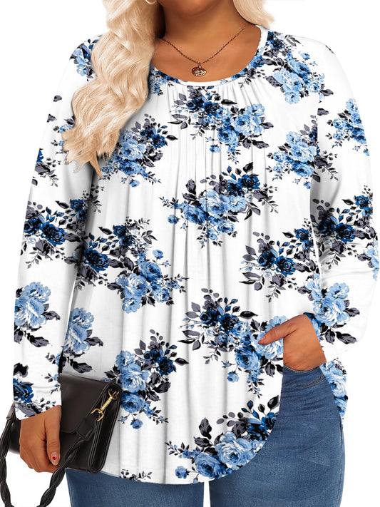 PEVRL Plus Size Tops for Women Long Sleeve Shirts Fall Tunic Loose Fit Dressy Casual Blouse Blue Rose 4x