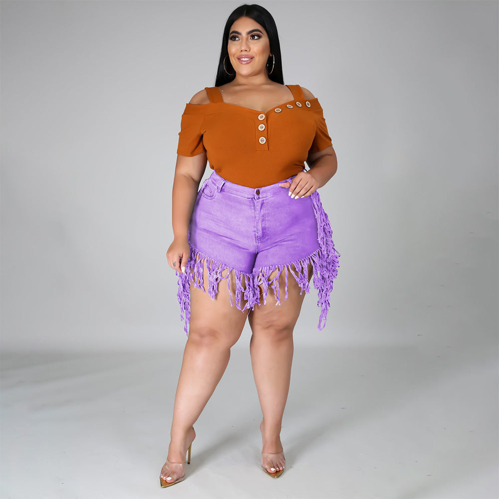 Plus Size Ripped Fringed Denim Shorts for Women