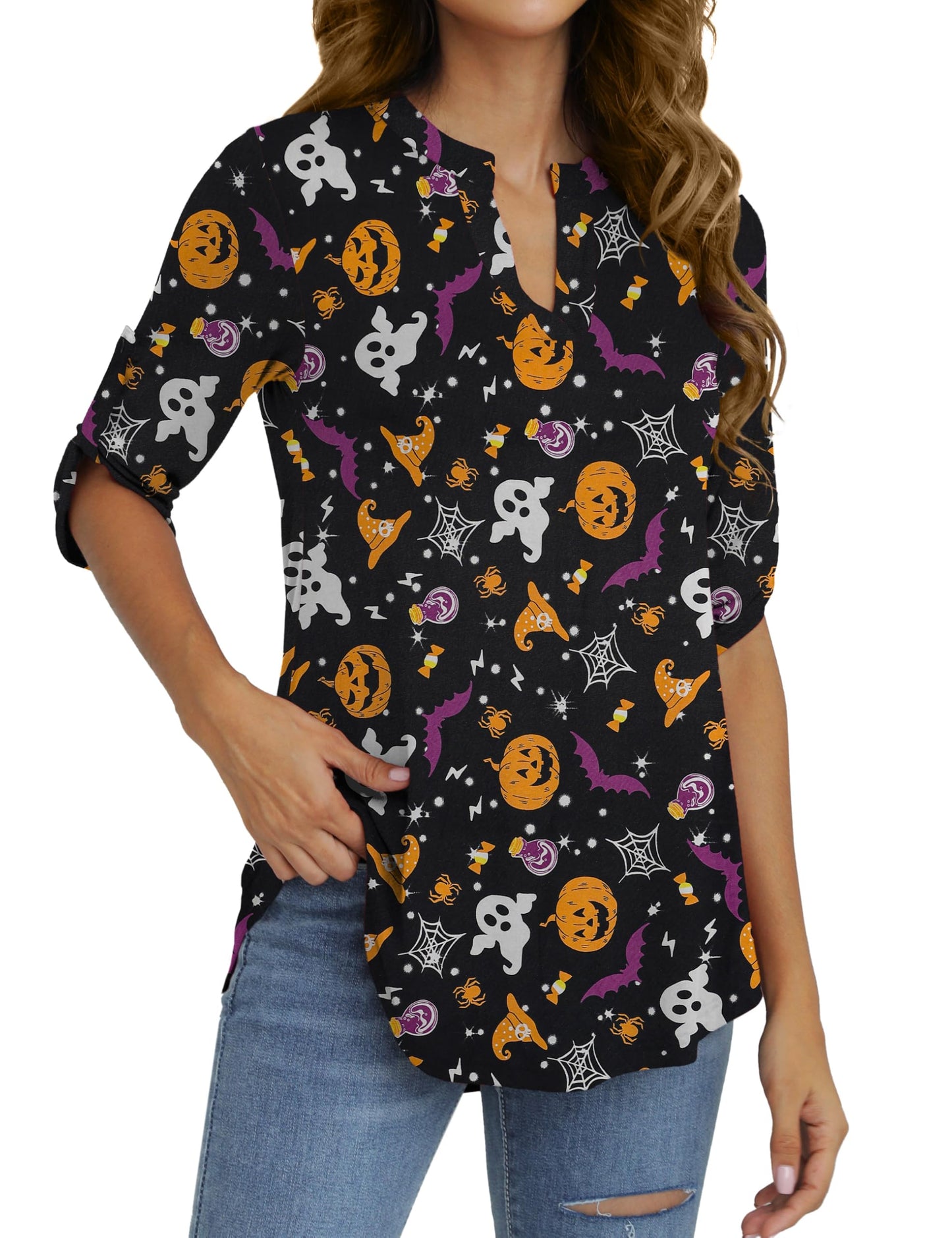 Othyroce 3/4 Length Sleeve Tops for Women Plus Size Tunic Top Halloween Clothes Casual Loose V Neck Shirts 4x