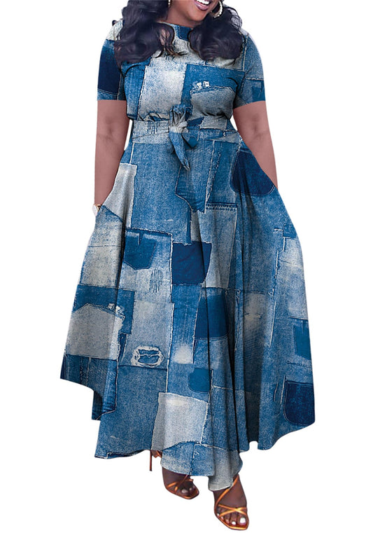 Xuideoy African Print Plus Size Maxi Dress for Women Summer Dress Short Sleeve Flowy Ruffle Maxi Dress with Belt Denim