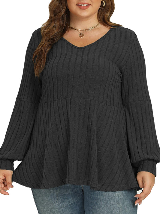 VOGRACE Plus Size Tops for Women Trendy V-Neck Sweaters Loose Fit Lantern Sleeve Pullover Classic Lightweight Tunics 5X Black