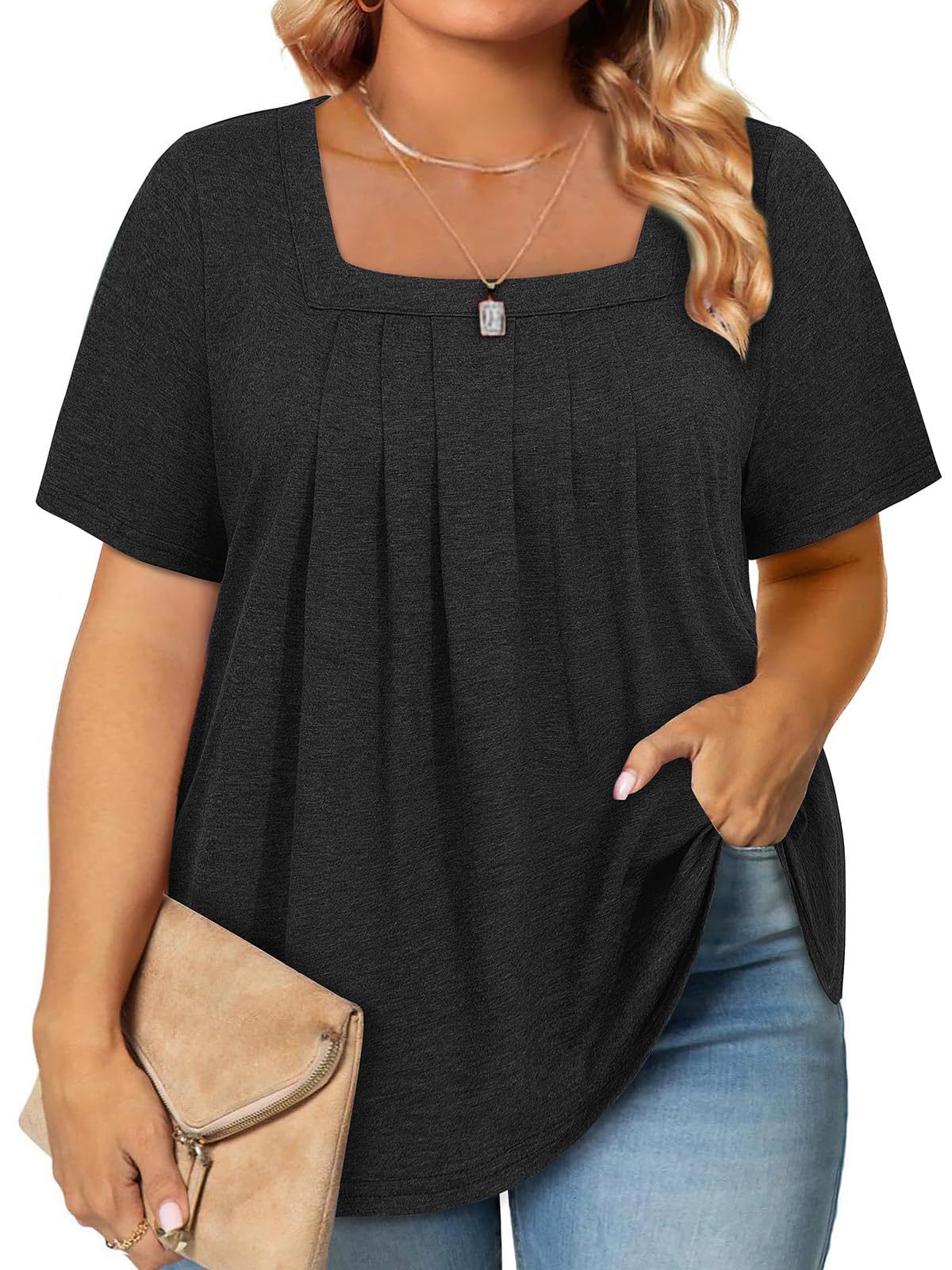 Amrto Womens Plus Size Tops Dressy Casual Plus Size Blouses for Ladies Summer Short Sleeve Square Neck Plus Size Shirts Casual Loose Womens Blouse 2024 Curved Hem Tops to Hide Belly Fat，Black XXL