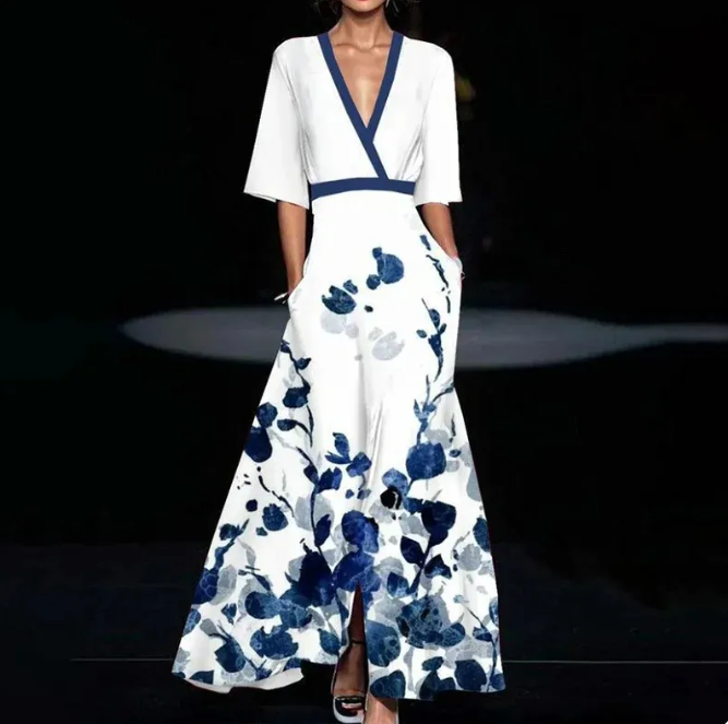 Summer Floral V-Neck Split Long Dress with Belt - Short Sleeve A-Line Maxi Dress for Women