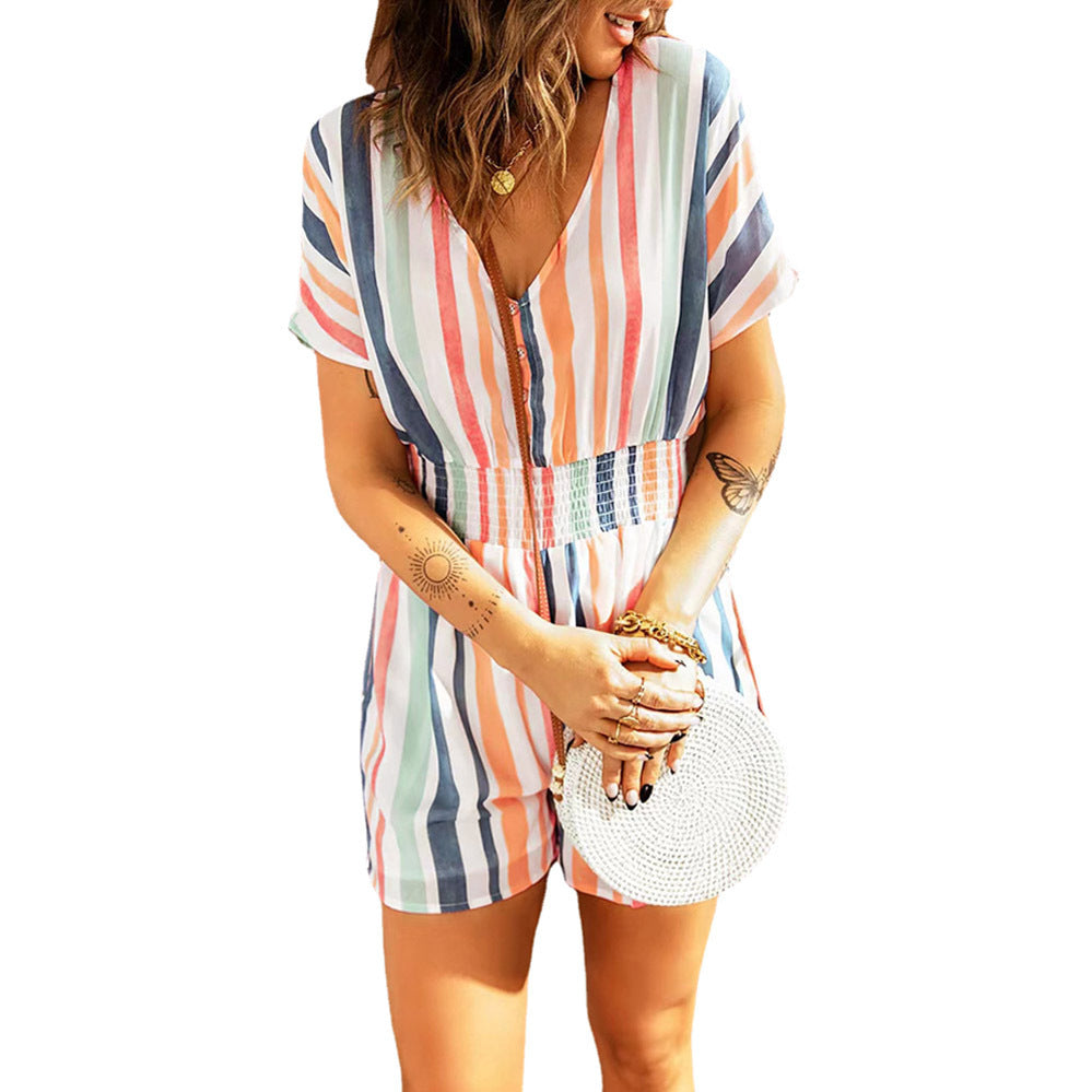 Striped V-neck Button Jumpsuit for Plus Size Women
