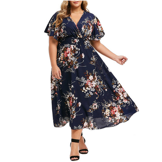 Plus Size Floral Chiffon Dress L-5XL Bohemian Style